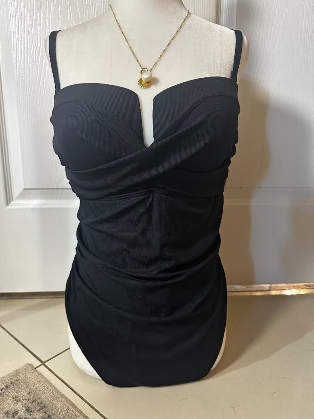 NWT Eomenie Black Ribbed V-Wire Tummy Control One Piece Swimsuit XL